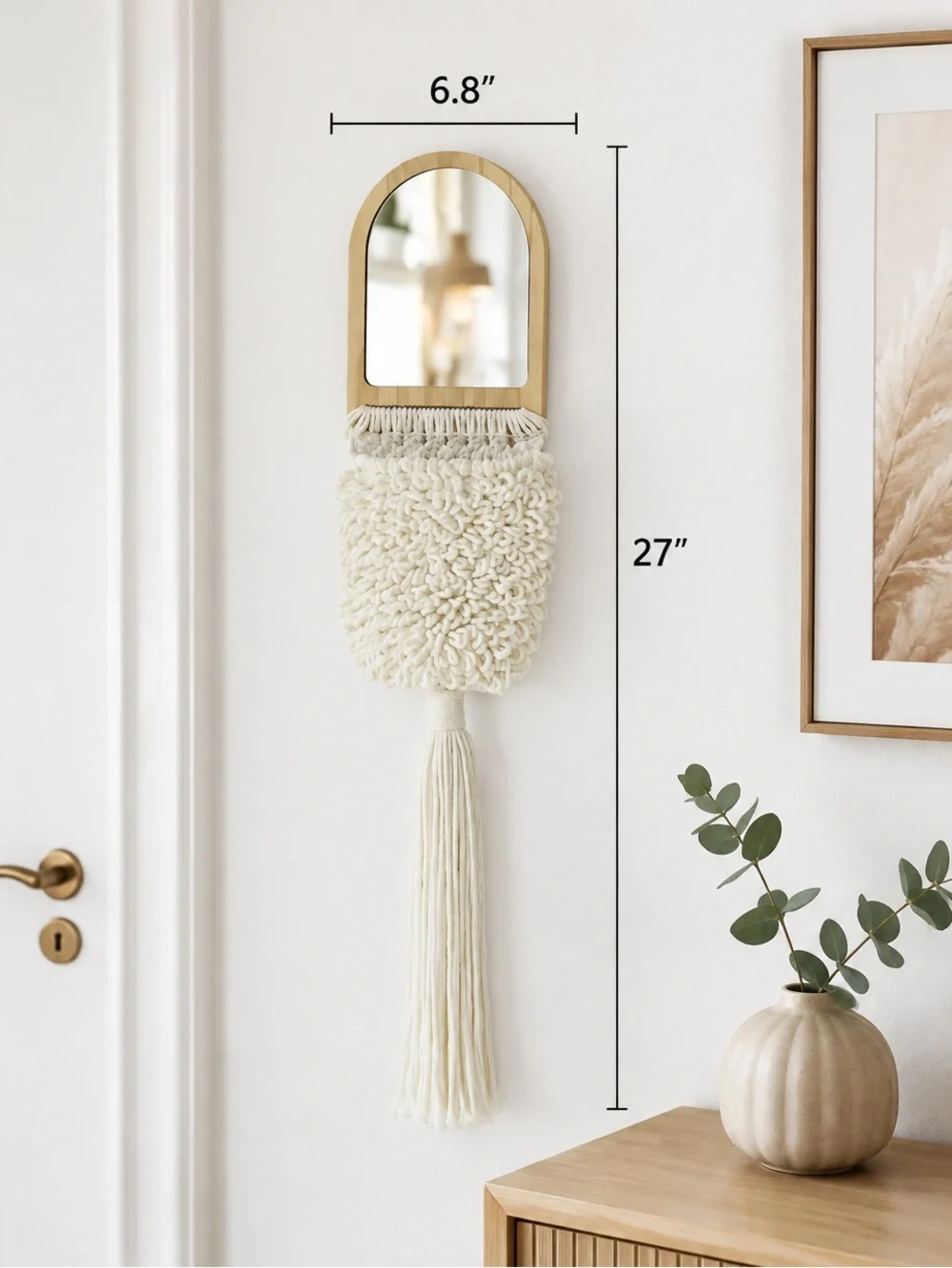 NEW White Cotton Macrame Basket Boho Wooden Mirror Wall Decor Bohemian Cottage